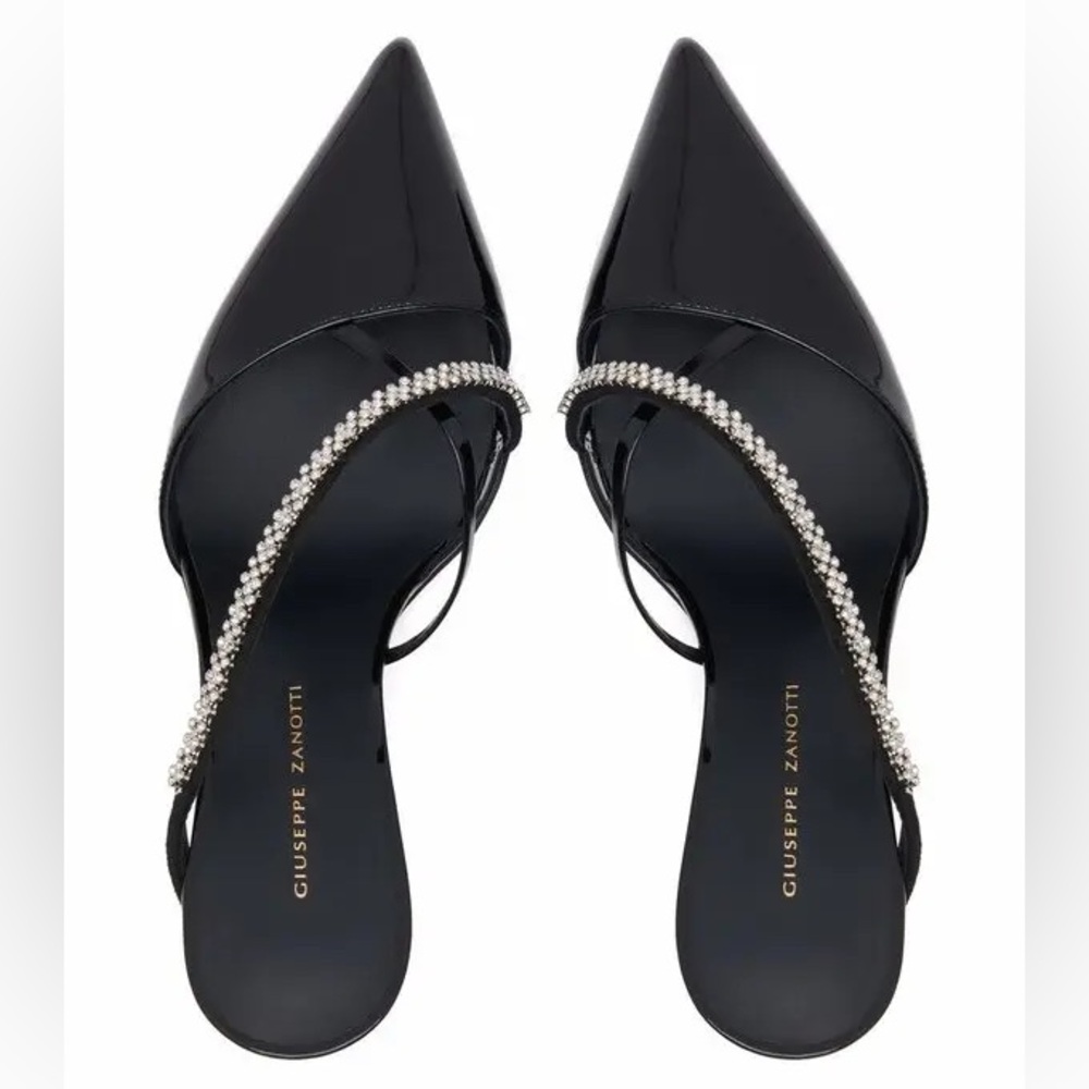 Elegant Giuseppe Zanotti Shiny Black Heels with Rhinestone Straps - Picture 11 of 12